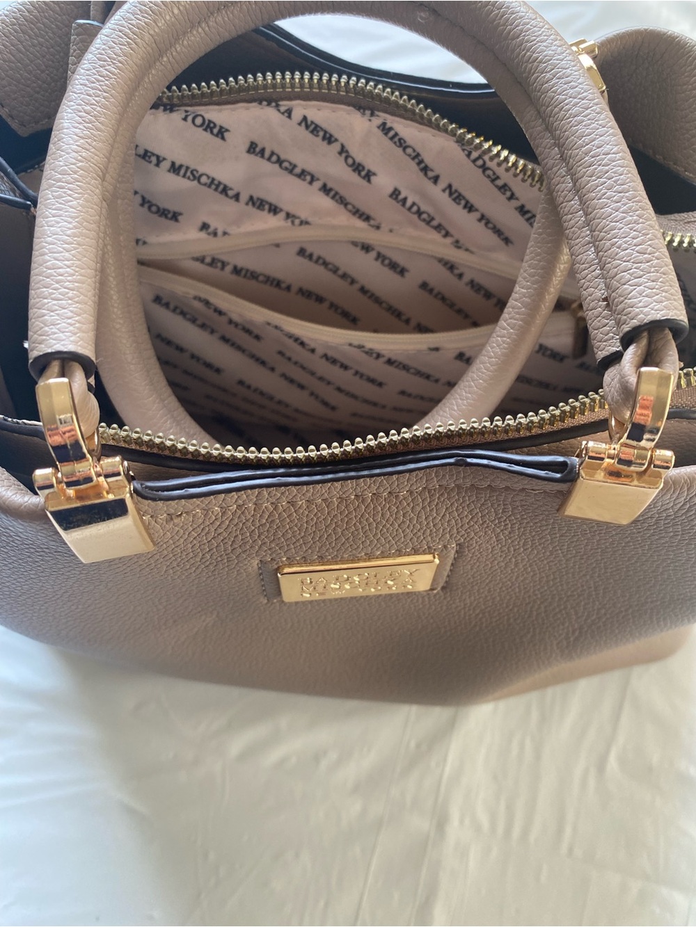 Badgley Mischka Taupe Pebbled Faux Leather Structured Satchel Handbag - Picture 11 of 12